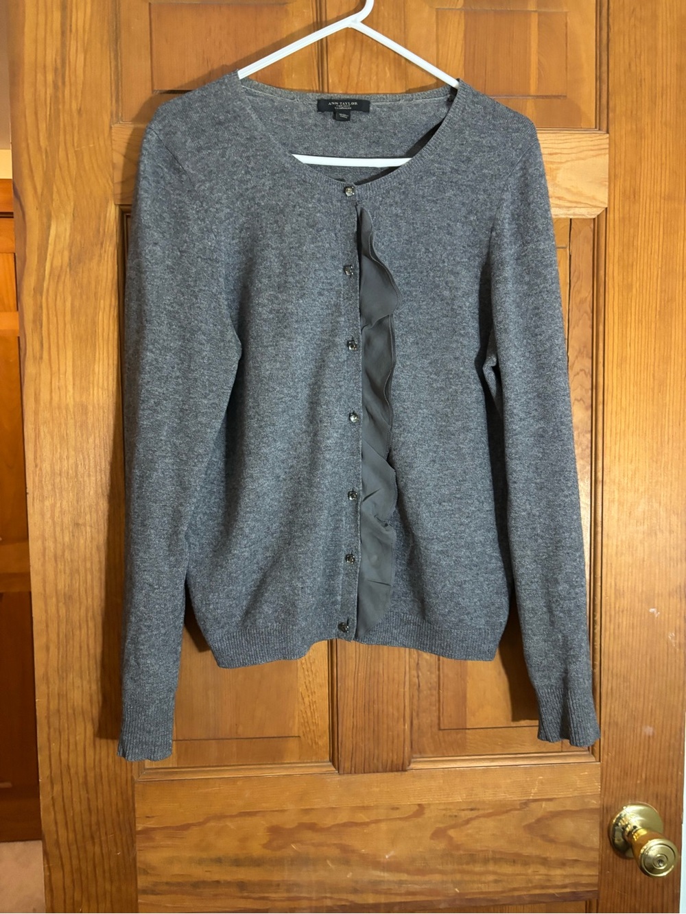 Ann Taylor Cashmere Gray Ruffle-Trim Button Cardigan